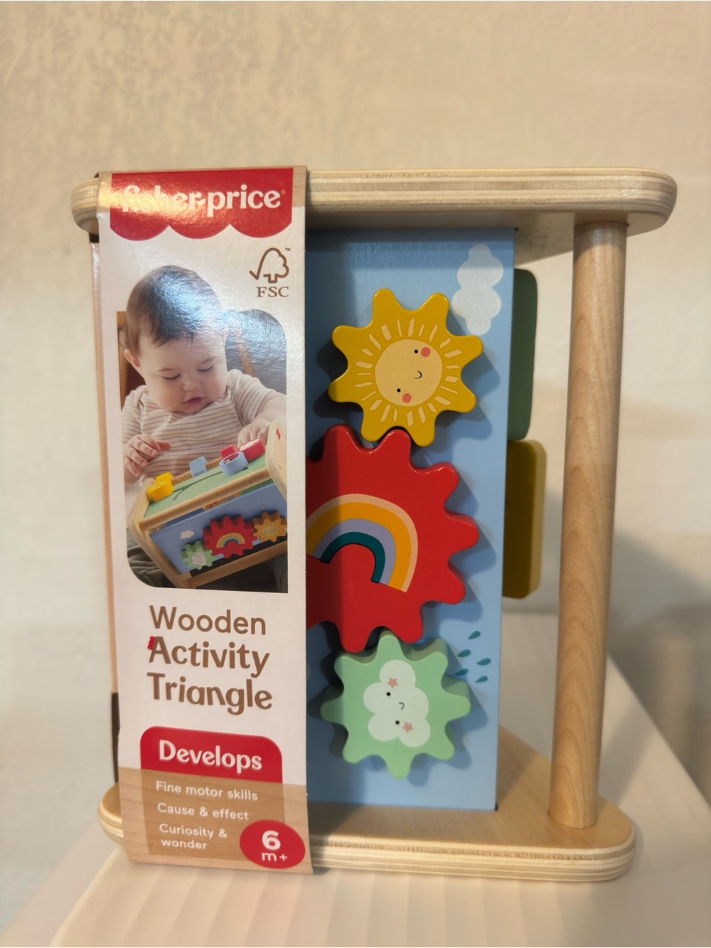 Fisher-Price Wooden Activity Triangle with Red, Yellow, Blue, Green Gears
